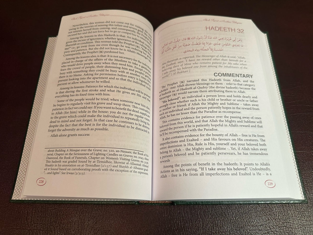 Open interior pages of Explanation of Riyad-us-Saliheen showing hadith text and English commentary.
