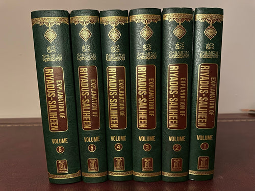 Spines of all six green-and-gold Darussalam Explanation of Riyad-us-Saliheen hardback volumes.